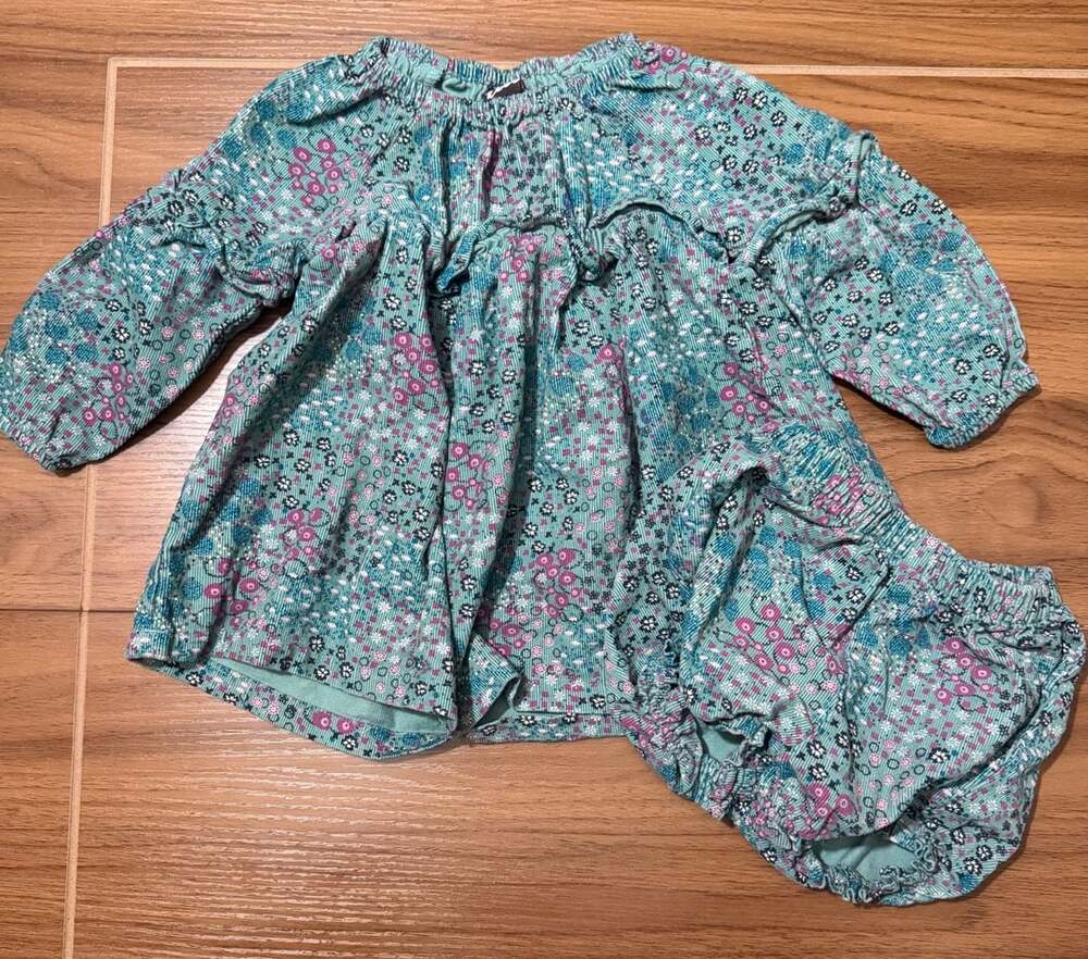 Tea Collection Teal Ditsy Floral Dress and Bloomer Set